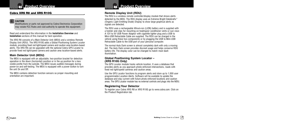 Product overview | Cobra Electronics XRS R10G User Manual | Page 4 / 25