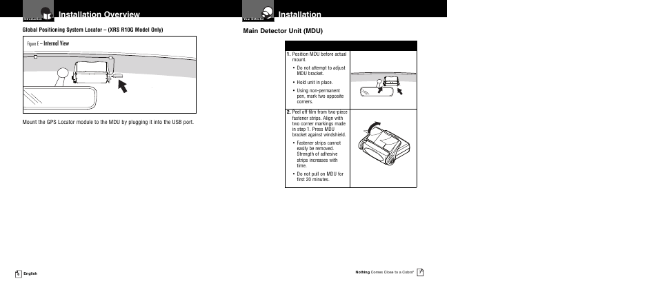 Installation, Installation overview, Main detector unit (mdu) | Internal view | Cobra Electronics XRS R10G User Manual | Page 6 / 25