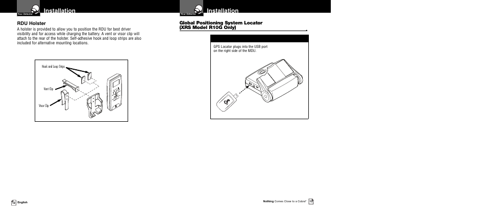 Installation, Rdu holster | Cobra Electronics XRS R10G User Manual | Page 9 / 25