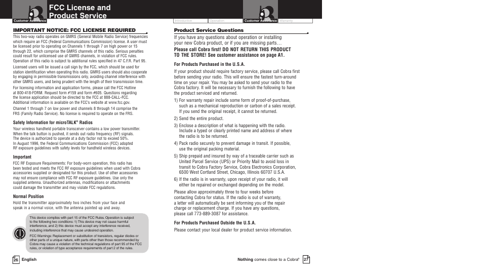 Fcc license and product service | Cobra Electronics PR4750wx User Manual | Page 16 / 17