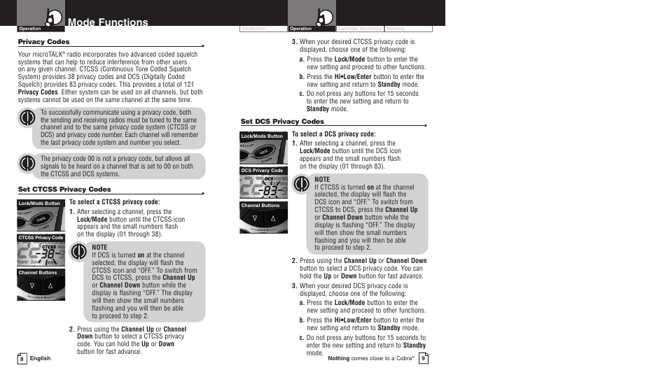 Mode functions | Cobra Electronics PR4750wx User Manual | Page 7 / 17