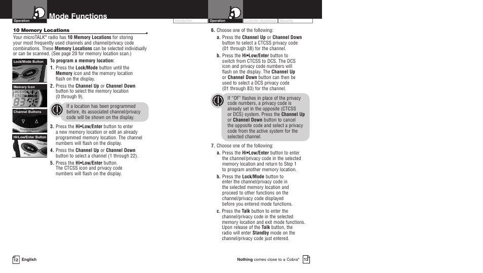 Mode functions | Cobra Electronics PR4750wx User Manual | Page 9 / 17