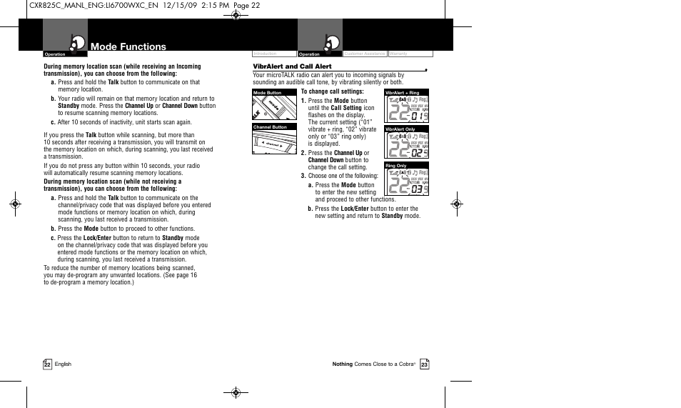 Mode functions | Cobra Electronics MICROTALK CXR825C User Manual | Page 14 / 17