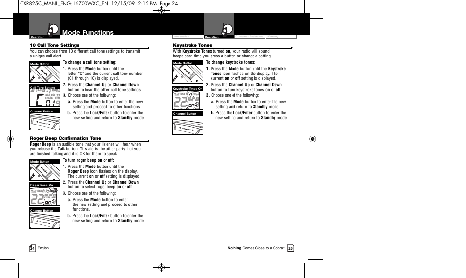 Mode functions | Cobra Electronics MICROTALK CXR825C User Manual | Page 15 / 17
