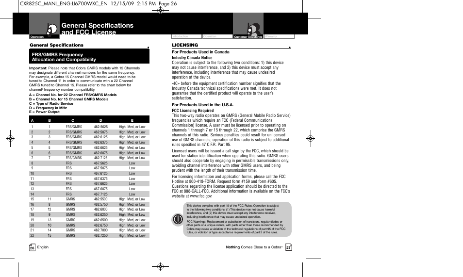 General specifications and fcc license | Cobra Electronics MICROTALK CXR825C User Manual | Page 16 / 17