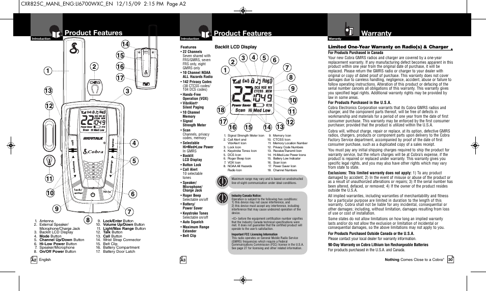 Product features, Warranty | Cobra Electronics MICROTALK CXR825C User Manual | Page 2 / 17