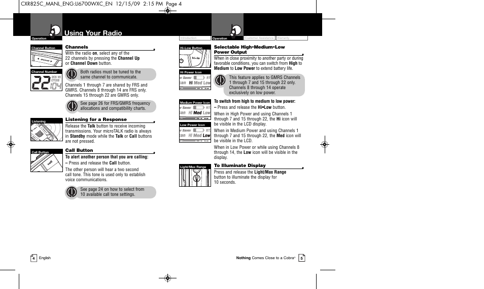 Using your radio | Cobra Electronics MICROTALK CXR825C User Manual | Page 5 / 17