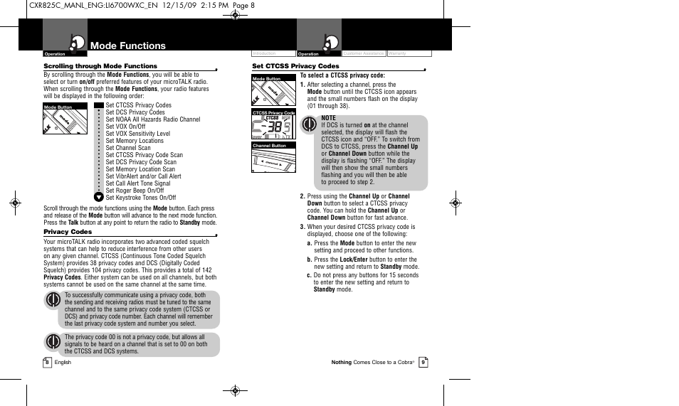 Mode functions | Cobra Electronics MICROTALK CXR825C User Manual | Page 7 / 17