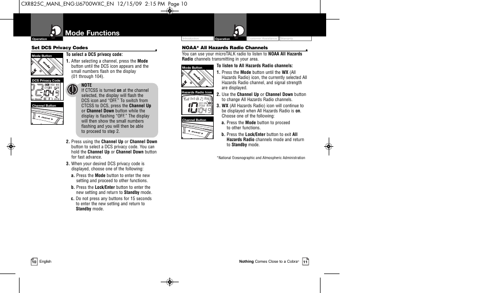 Mode functions | Cobra Electronics MICROTALK CXR825C User Manual | Page 8 / 17
