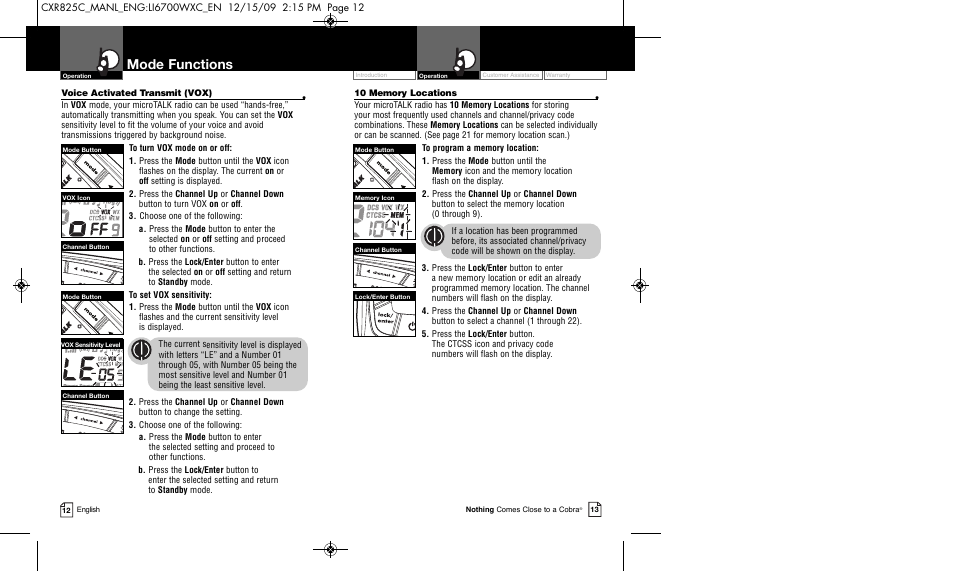 Mode functions | Cobra Electronics MICROTALK CXR825C User Manual | Page 9 / 17