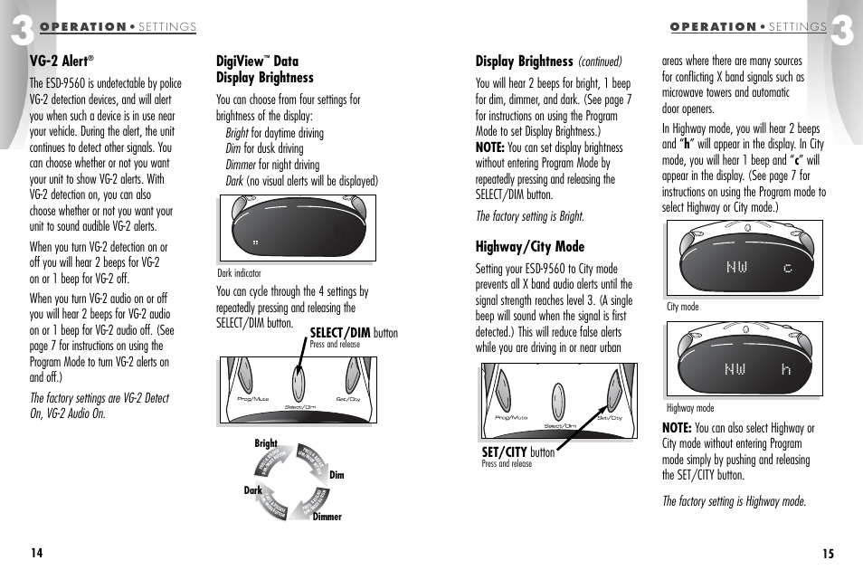 Vg-2 alert, Digiview, Data display brightness | Display brightness, Highway/city mode, Select/dim button, Set/city button | Cobra Electronics ESD-9560 User Manual | Page 10 / 17