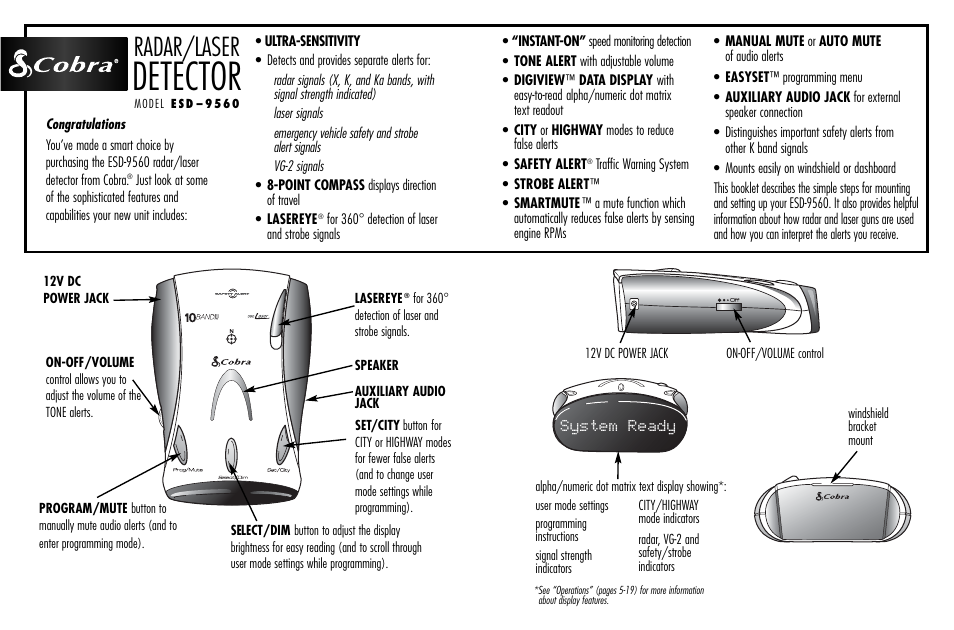 Detector, Radar/laser, System ready | Cobra Electronics ESD-9560 User Manual | Page 2 / 17