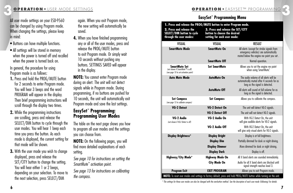 Easyset, Programming: programming user modes | Cobra Electronics ESD-9560 User Manual | Page 6 / 17