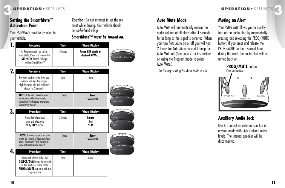 Auto mute mode, Muting an alert, Auxiliary audio jack | Setting the smartmute, Activation point, Prog/mute button | Cobra Electronics ESD-9560 User Manual | Page 8 / 17