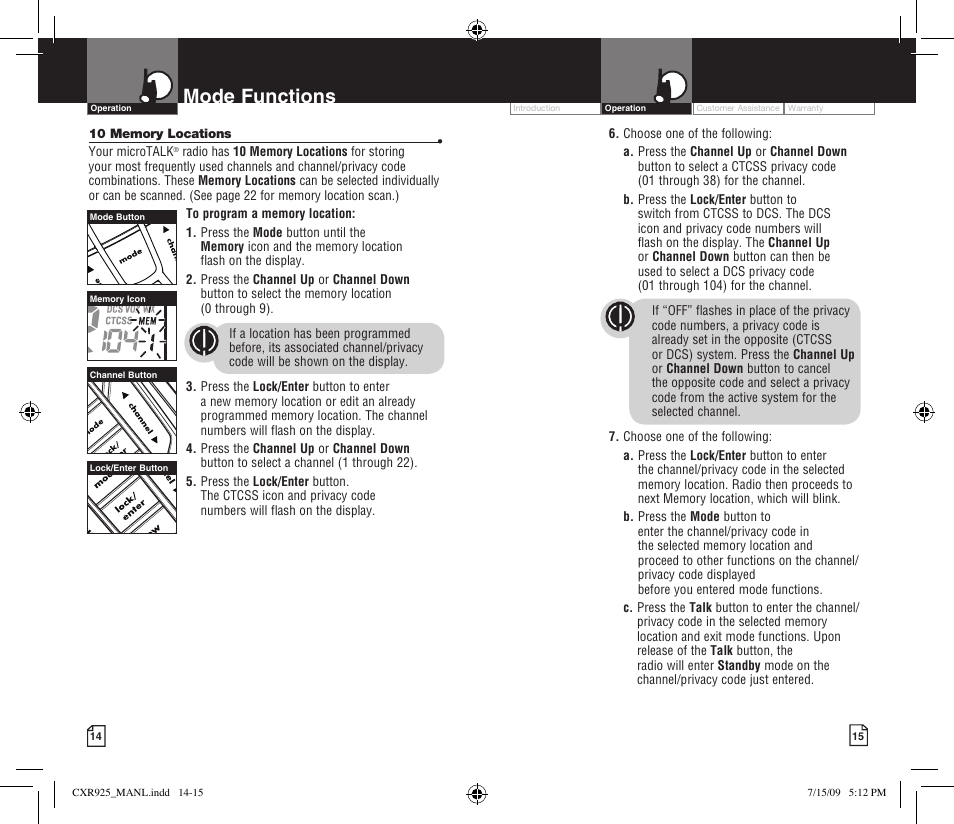 Mode functions, Li 7300 | Cobra Electronics MICROTALK CXR925 User Manual | Page 10 / 17