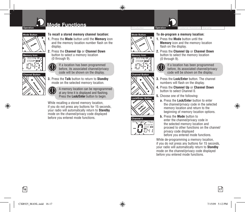 Mode functions, Li 7300 | Cobra Electronics MICROTALK CXR925 User Manual | Page 11 / 17