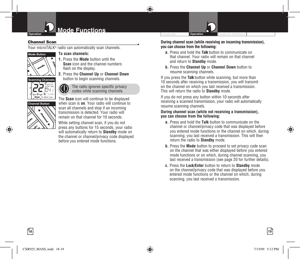 Mode functions | Cobra Electronics MICROTALK CXR925 User Manual | Page 12 / 17