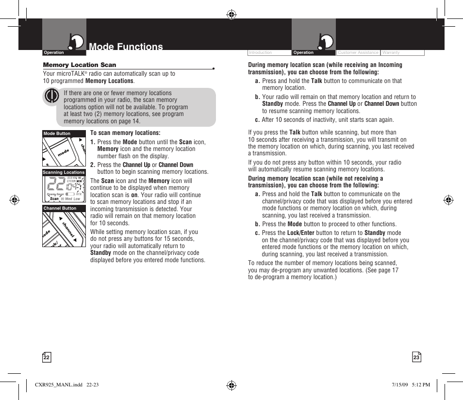 Mode functions | Cobra Electronics MICROTALK CXR925 User Manual | Page 14 / 17