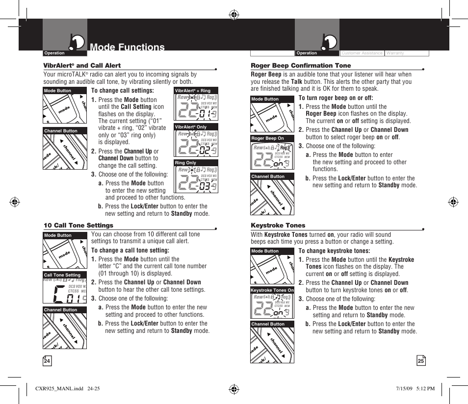 Mode functions | Cobra Electronics MICROTALK CXR925 User Manual | Page 15 / 17