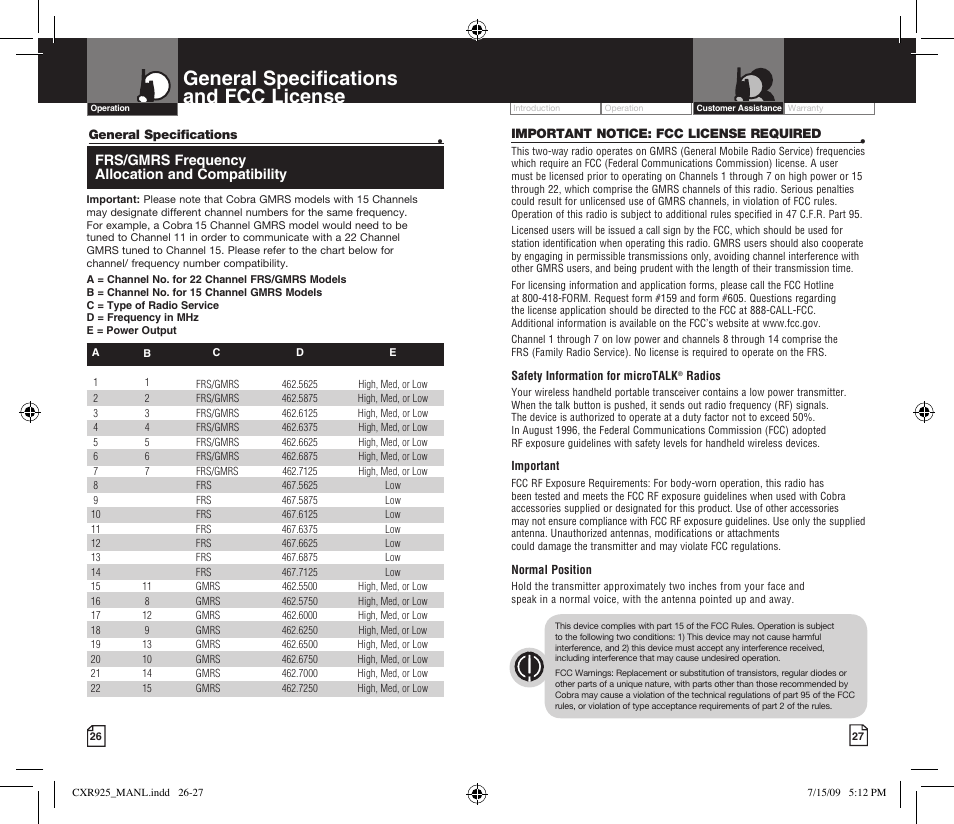 General specifications and fcc license, Frs/gmrs frequency allocation and compatibility | Cobra Electronics MICROTALK CXR925 User Manual | Page 16 / 17