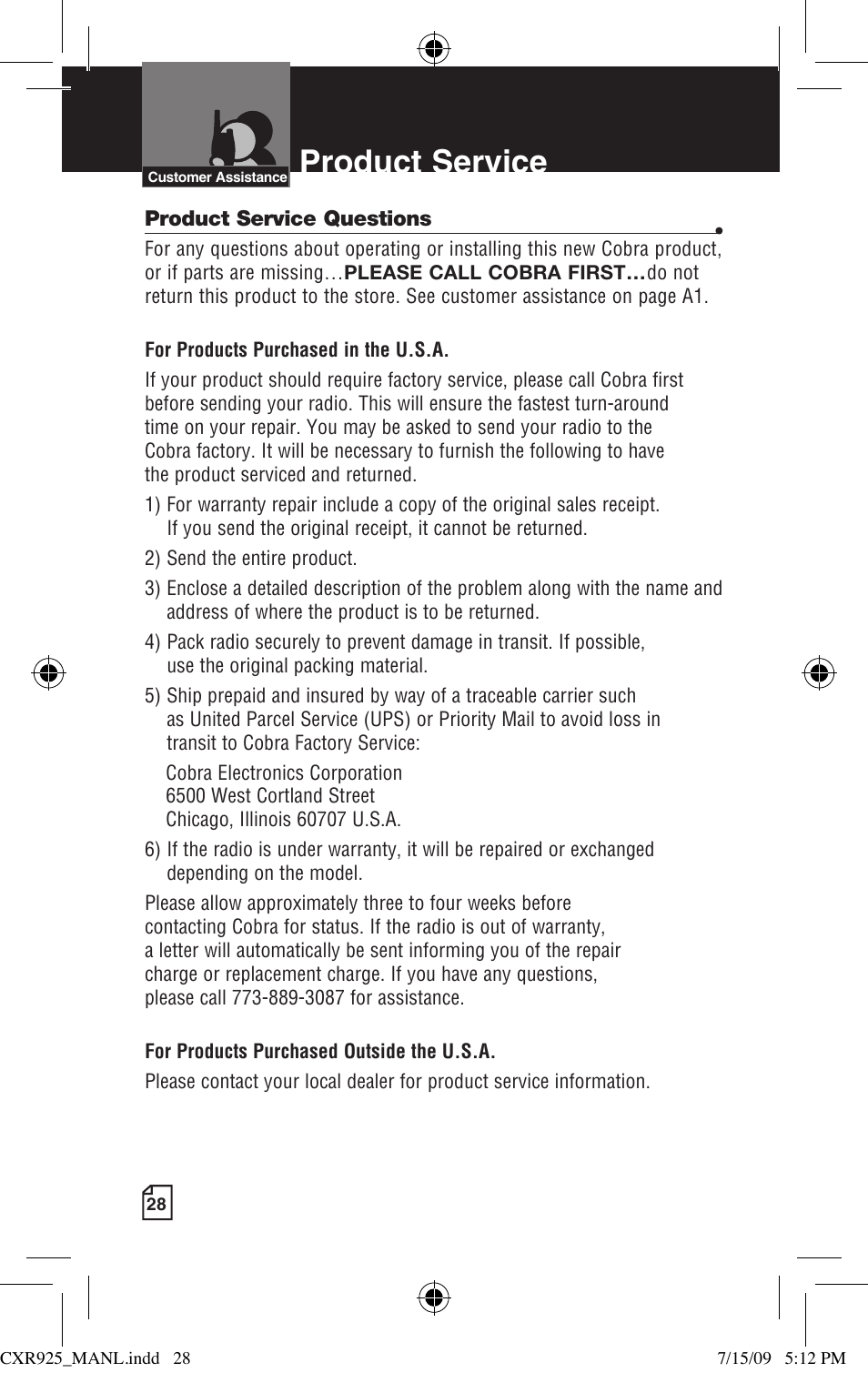 Product service | Cobra Electronics MICROTALK CXR925 User Manual | Page 17 / 17
