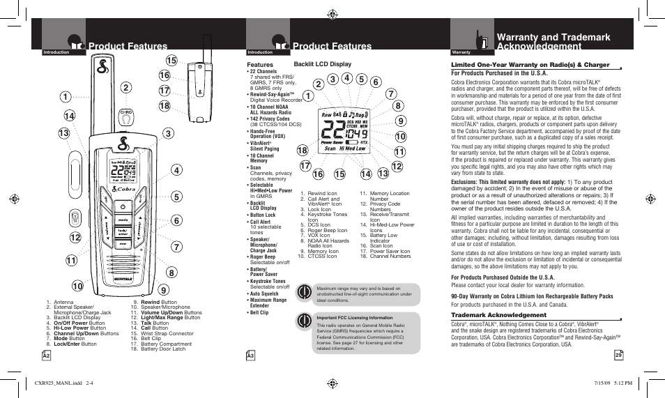 Product features, Warranty and trademark acknowledgement | Cobra Electronics MICROTALK CXR925 User Manual | Page 2 / 17