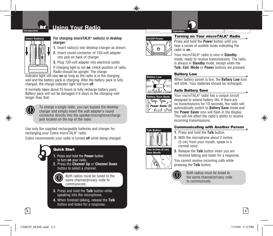 Using your radio | Cobra Electronics MICROTALK CXR925 User Manual | Page 4 / 17