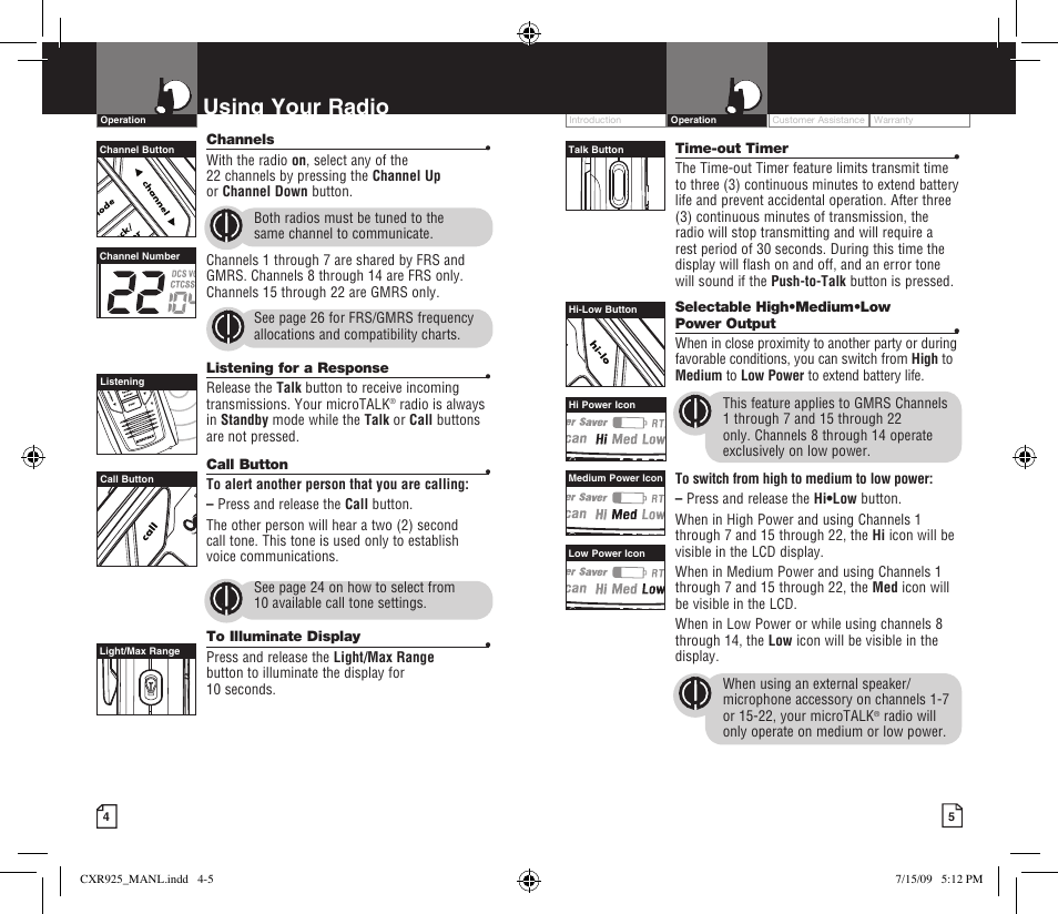 Using your radio, Li 7300 | Cobra Electronics MICROTALK CXR925 User Manual | Page 5 / 17