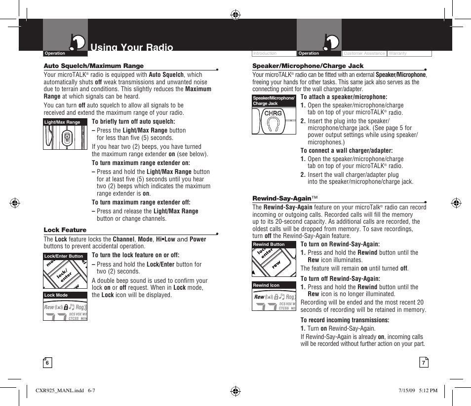 Using your radio, Li 7300 | Cobra Electronics MICROTALK CXR925 User Manual | Page 6 / 17