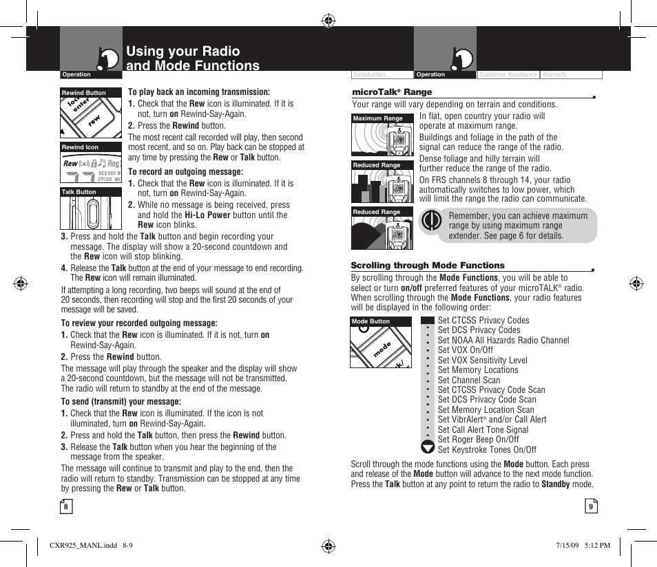 Using your radio and mode functions, Li 7300 | Cobra Electronics MICROTALK CXR925 User Manual | Page 7 / 17