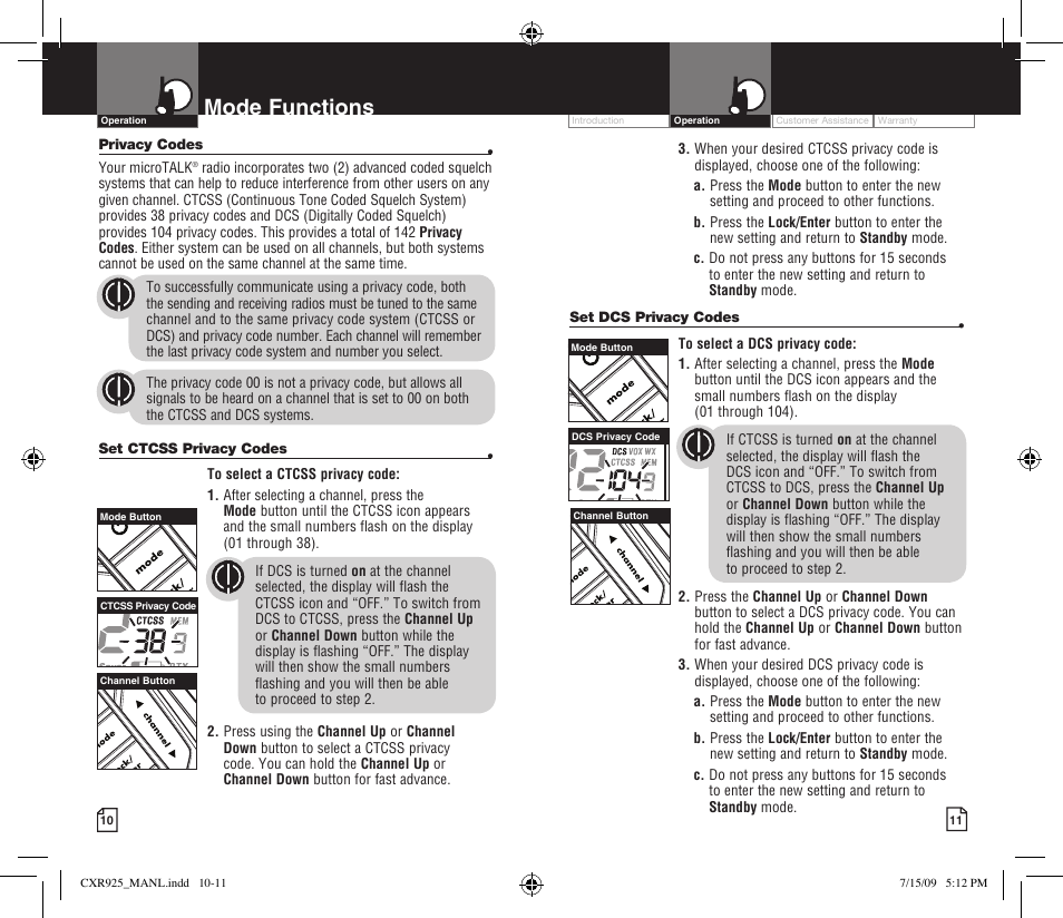 Mode functions, Li 7300 | Cobra Electronics MICROTALK CXR925 User Manual | Page 8 / 17
