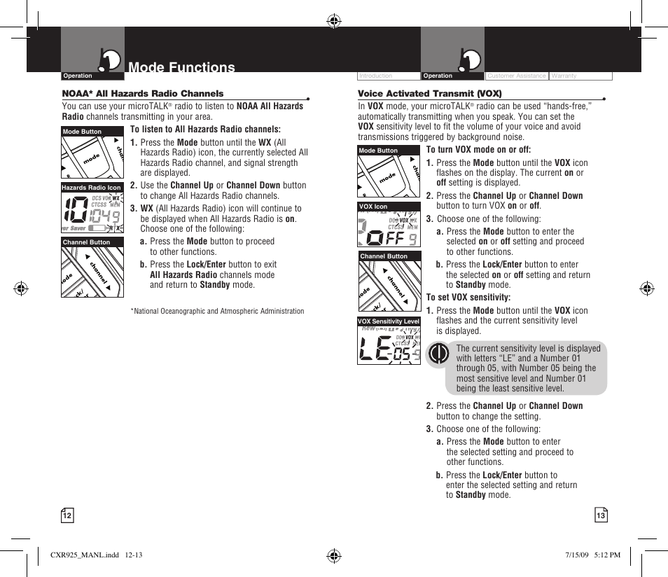 Mode functions | Cobra Electronics MICROTALK CXR925 User Manual | Page 9 / 17