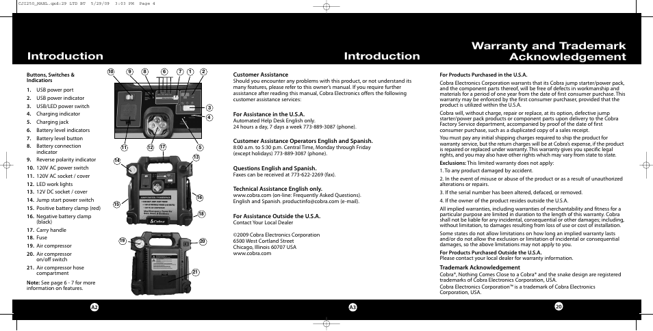 Introduction, Warranty and trademark acknowledgement | Cobra Electronics CJIC 250 User Manual | Page 2 / 12