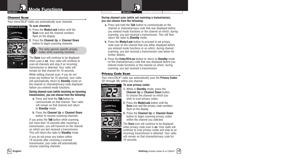 Mode functions | Cobra Electronics PR3550WX User Manual | Page 10 / 15