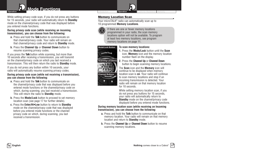 Mode functions | Cobra Electronics PR3550WX User Manual | Page 11 / 15