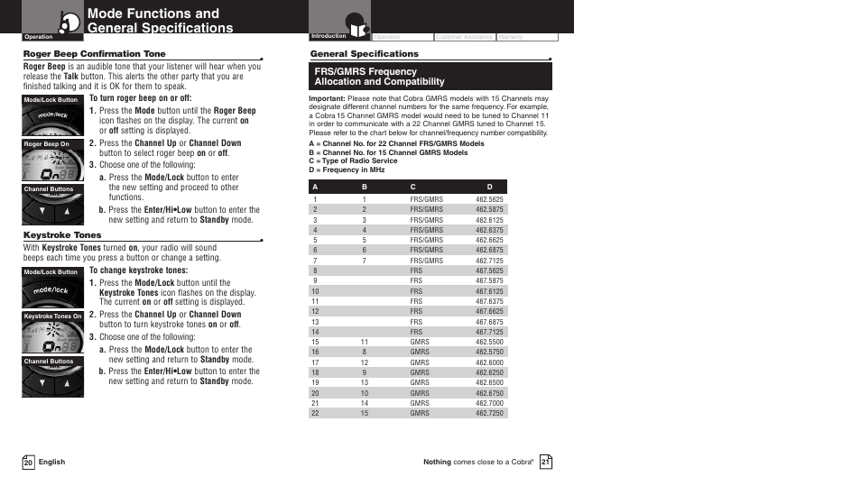 Mode functions and general specifications | Cobra Electronics PR3550WX User Manual | Page 13 / 15