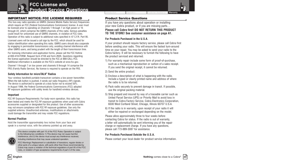 Fcc license and product service questions | Cobra Electronics PR3550WX User Manual | Page 14 / 15
