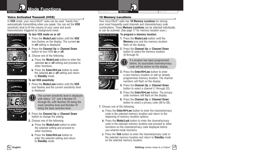 Mode functions | Cobra Electronics PR3550WX User Manual | Page 8 / 15