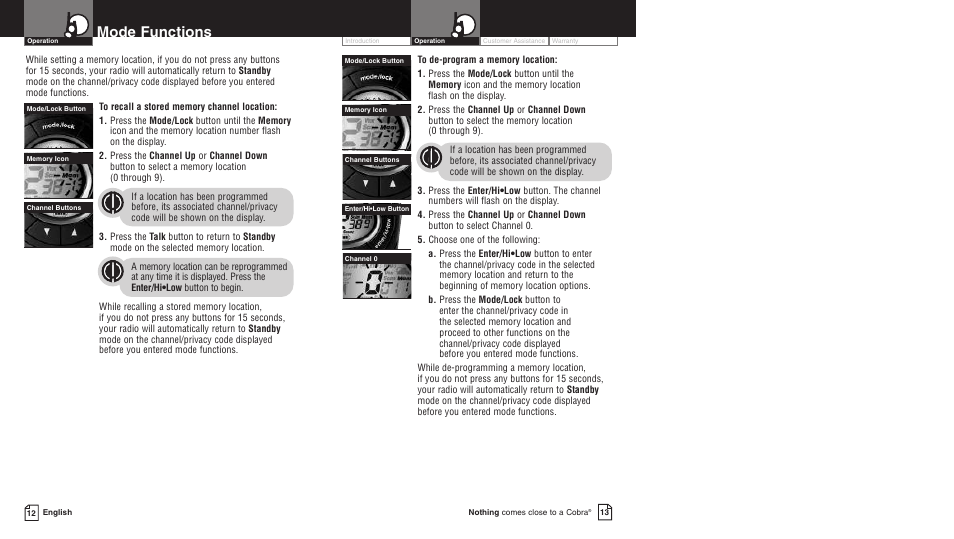 Mode functions | Cobra Electronics PR3550WX User Manual | Page 9 / 15