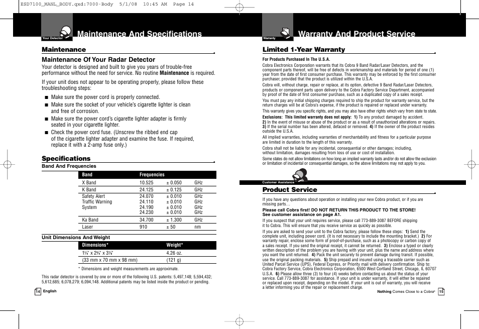 Warranty and product service, Maintenance and specifications, Maintenance | Maintenance of your radar detector, Specifications, Limited 1-year warranty, Product service | Cobra Electronics ESD 7100 User Manual | Page 10 / 11