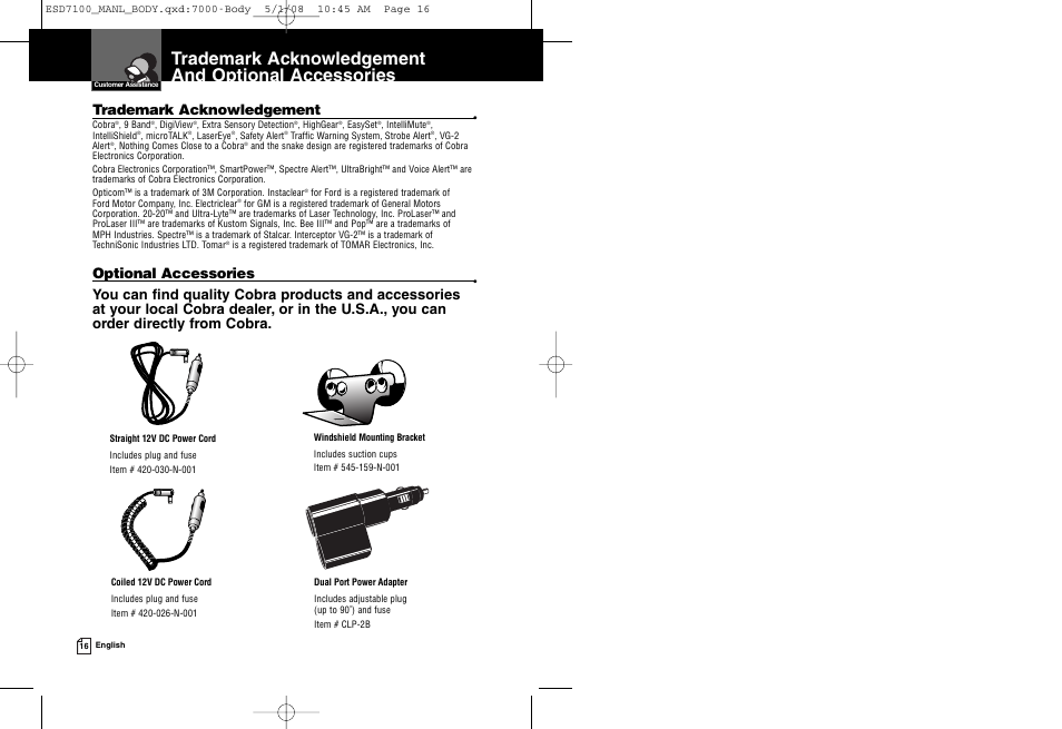 Trademark acknowledgement and optional accessories, Optional accessories | Cobra Electronics ESD 7100 User Manual | Page 11 / 11