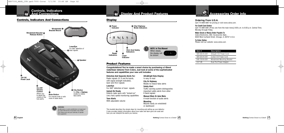 Display and product features, Controls, indicators and connections, Accessories order info | Product features, Display | Cobra Electronics ESD 7100 User Manual | Page 2 / 11