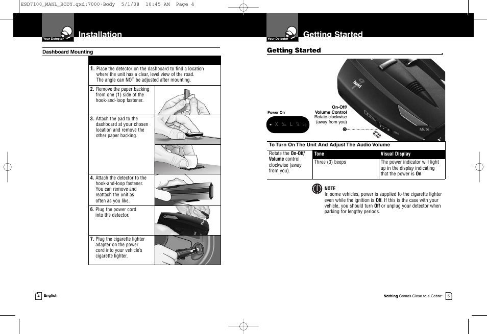 Getting started, Installation | Cobra Electronics ESD 7100 User Manual | Page 5 / 11