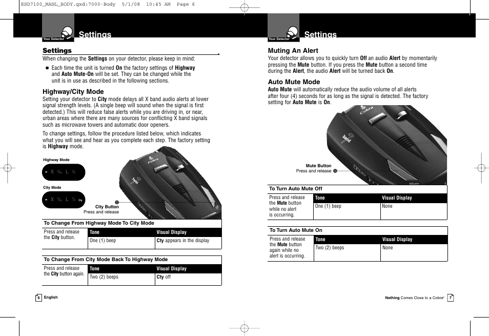 Settings, Highway/city mode, Muting an alert | Auto mute mode | Cobra Electronics ESD 7100 User Manual | Page 6 / 11