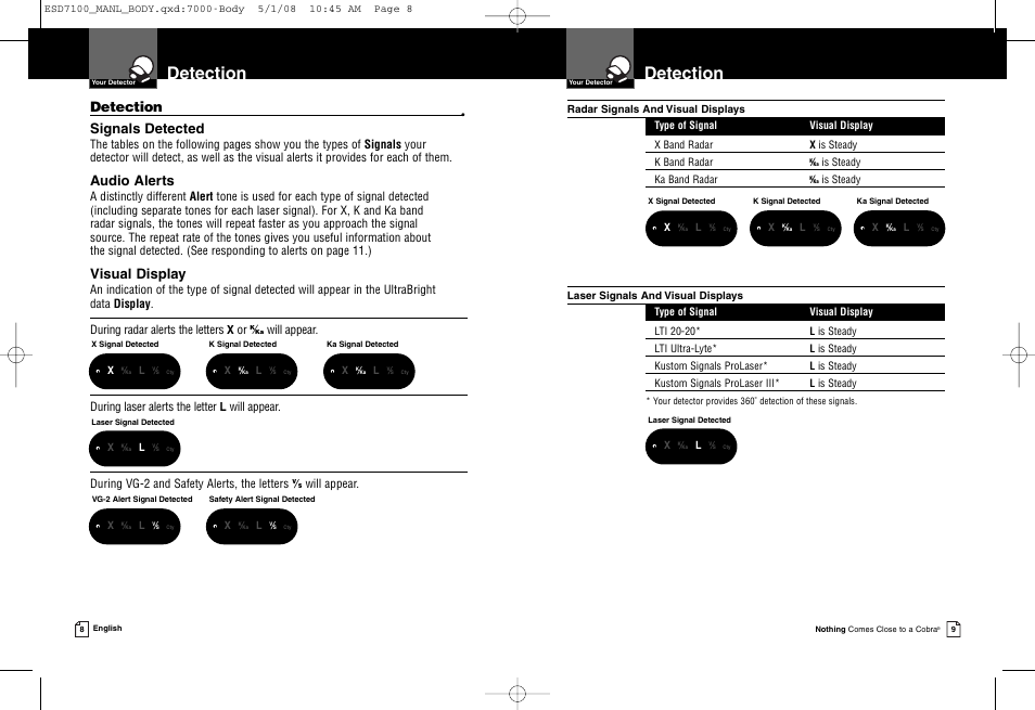 Detection, Signals detected, Audio alerts | Visual display | Cobra Electronics ESD 7100 User Manual | Page 7 / 11