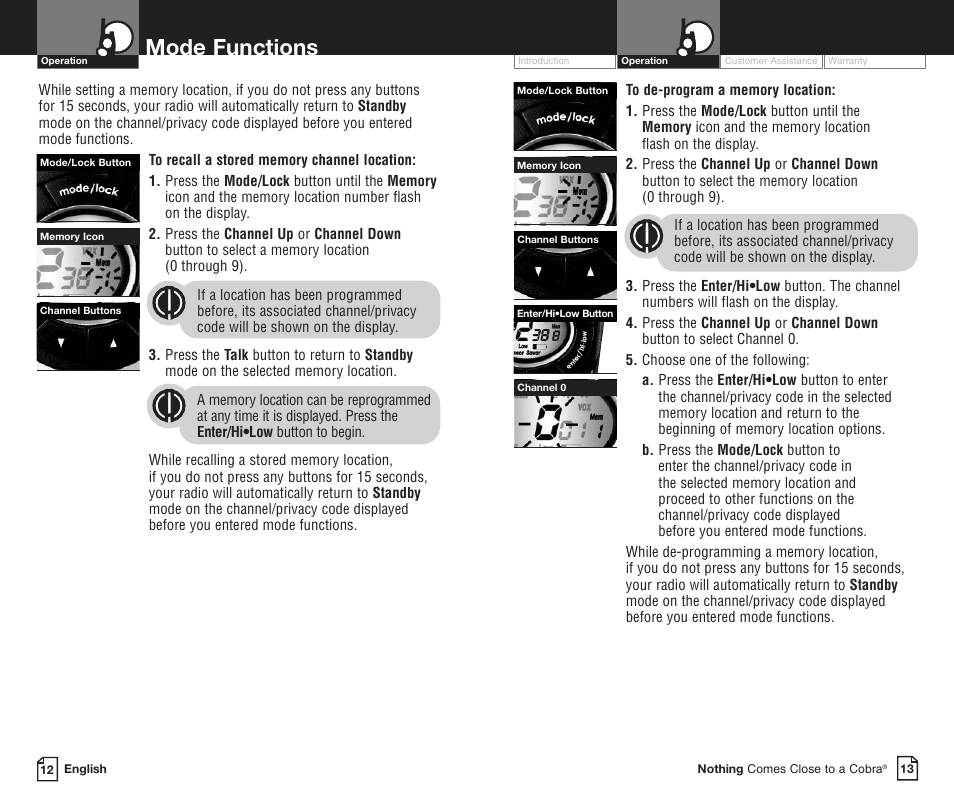 Mode functions | Cobra Electronics PR3800DXC User Manual | Page 10 / 16