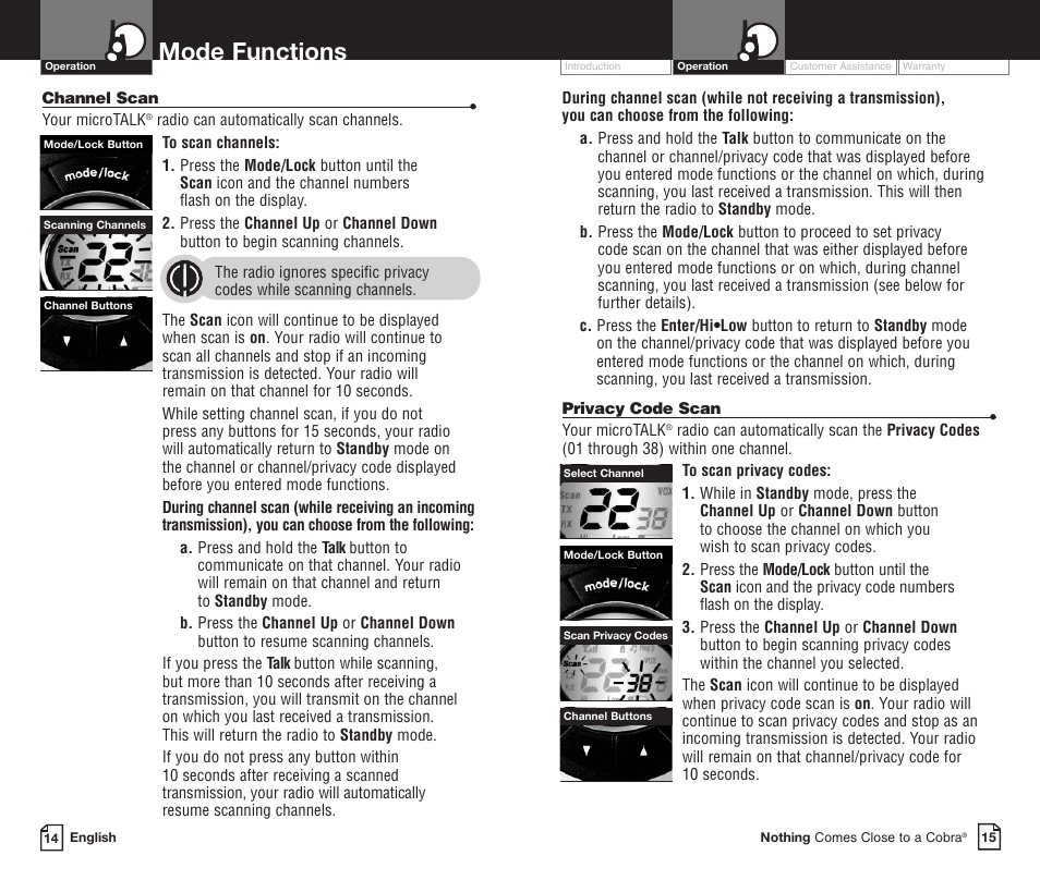 Mode functions | Cobra Electronics PR3800DXC User Manual | Page 11 / 16