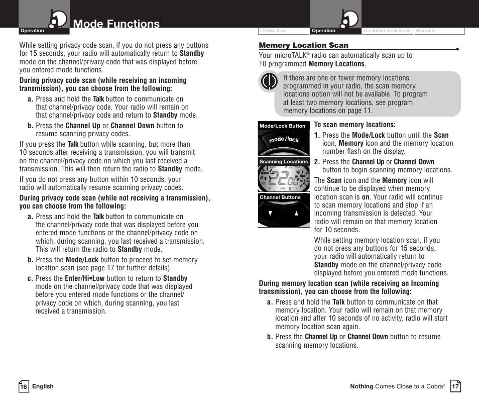 Mode functions | Cobra Electronics PR3800DXC User Manual | Page 12 / 16