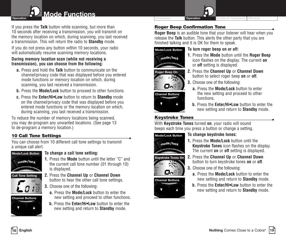 Mode functions | Cobra Electronics PR3800DXC User Manual | Page 13 / 16