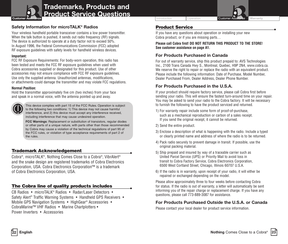 Trademarks, products and product service questions | Cobra Electronics PR3800DXC User Manual | Page 15 / 16